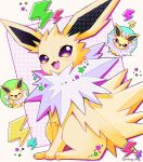  all_fours closed_eyes electricity fang hand_up jolteon mochopaccho open_mouth pawpads pokemon pokemon_(creature) polka_dot polka_dot_background sitting smile star_(symbol) tongue twitter_username violet_eyes white_fur yellow_fur 
