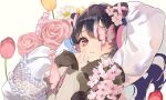  black_hair butterfly_on_face butterfly_over_eye double_bun flower hair_bun highres multicolored_hair pink_eyes pink_flower pink_hair pink_rose rose tetra_mmm white_hair 