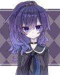  1girl argyle argyle_background asahina_mafuyu black_background black_choker black_neckerchief blue_eyes blue_hair blue_necktie choker closed_mouth commentary gradient_eyes gradient_hair high_ponytail housuke_(flb66i2qnuqy63f) long_hair looking_at_viewer multicolored_eyes multicolored_hair neckerchief necktie ponytail project_sekai purple_hair solo two-tone_neckerchief upper_body violet_eyes 
