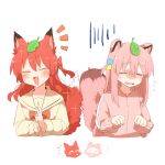  2girls :3 :d ^_^ animal_ear_fluff animal_ears blush bocchi_the_rock! bow bowtie brown_sailor_collar brown_shirt closed_eyes commentary_request cube_hair_ornament embarrassed fang flying_sweatdrops fox_ears fox_girl fox_tail gotou_hitori hair_between_eyes hair_ornament hands_up jacket kita_ikuyo leaf leaf_on_head long_hair long_sleeves multiple_girls notice_lines one_side_up open_mouth paw_pose pink_jacket raccoon_ears raccoon_girl raccoon_tail raised_eyebrows rebecca_(keinelove) red_bow red_bowtie redhead sailor_collar school_uniform shirt shuka_high_school_uniform sidelocks simple_background smile sweatdrop tail track_jacket wavy_mouth white_background 