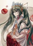  1girl choker crown enma_(mythology) expressionless green_hair grey_eyes hatsune_miku highres itooku jigoku_wa_doko_desu_enma-sama_(vocaloid) long_hair red_ribbon ribbon ribbon_choker robe signature sketch swastika twintails upper_body vocaloid white_robe 