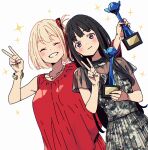  2girls ^_^ anzai_chika black_hair blonde_hair blush bracelet closed_eyes congratulations dress earrings grin hair_ribbon highres holding_trophy imigimuru inoue_takina jewelry long_hair lycoris_recoil multiple_girls necklace nishikigi_chisato print_dress red_dress red_ribbon ribbon see-through see-through_sleeves side-by-side smile sparkle sparkle_background trophy v violet_eyes voice_actor_connection wakayama_shion white_background 