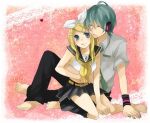  1boy 1girl blonde_hair couple female hatsune_mikuo kagamine_rin male teal_hair vocaloid 