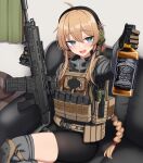  1girl :d alcohol bike_shorts blonde_hair blue_eyes blush bottle braid braided_ponytail couch curtains cz_bren-2 gaiters glass gloves green_curtains grey_sweater headset highres holding holding_bottle holding_weapon indie_virtual_youtuber knee_pads load_bearing_vest magazine_(weapon) mole mole_under_eye radio sitting smile solo sweater tactical_clothes thigh-highs thighhigh_gaiters thighs weapon whiskey whiskey_project yakob_labo 