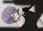  1boy black_shirt blue_hair commentary_request earrings fingernails glasses goi_x01 hair_between_eyes holding holding_pen jewelry kamishiro_rui korean_commentary male_focus multicolored_hair open_mouth pen project_sekai purple_hair round_eyewear shirt solo streaked_hair upper_body yellow_eyes 