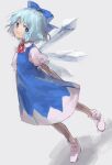  1girl arched_back arms_behind_back blue_dress blue_eyes blue_hair cirno dress ice ice_wings isshin_(kaxz) looking_back ribbon short_hair simple_background smile touhou wings 