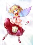  1girl ayano_rena blonde_hair blue_eyes bucket dress fairy_wings flower highres holding holding_bucket long_sleeves red_dress simple_background solo sunny_milk thigh-highs tiara touhou two_side_up white_background white_thighhighs wings 