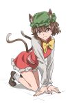  1girl absurdres all_fours animal_ear_fluff animal_ears bow bowtie breasts brown_hair cat_ears cat_tail chen earrings full_body green_headwear gyouza_(mhea5724) hat highres jewelry looking_at_viewer mob_cap multiple_tails nail_polish nekomata red_nails shoes short_hair small_breasts smile socks solo tail touhou two_tails white_background yellow_bow yellow_bowtie 