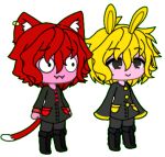 2boys ahoge alien alternate_form androgynous animal_ear_fluff antenna antennae black_eyes black_footwear black_jacket black_pants blonde_hair boots cat_ears cat_tail chibi closed_mouth coat colored_skin duo fangs full_body hair_between_eyes highres kaput kaput_and_zosky kemonomimi_mode knee_boots long_hair male_focus medium_breasts otoko_no_ko personification pink_skin red_button redhead self_upload short_hair simple_background sleeves_past_fingers sleeves_past_wrists smile solid_circle_pupils tail teeth two-tone_jacket white_background yellow_buttons yellow_sleeve_ends zosky