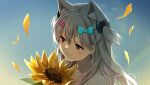  1girl animal_ear_fluff animal_ears blue_bow blue_sky bow cat_ears cat_hair_ornament day flower grey_hair hair_between_eyes hair_bow hair_ornament hairclip highres indie_virtual_youtuber long_hair looking_away natsume_eri natsume_eri_(vtuber) outdoors petals red_eyes shirt sky solo sunflower two_side_up virtual_youtuber white_shirt yellow_flower 