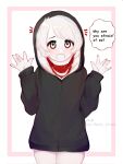  1girl ai-generated_art_(topic) artist_name black_hood black_hoodie blush colored_skin creepypasta dazz_chan english_text hands_up highres hood hoodie jeff_the_kill_(ai-gen) looking_at_viewer solo speech_bubble white_background white_eyes white_skin 