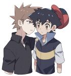 2boys ash_ketchum black_hair blush brown_eyes brown_hair closed_mouth collared_shirt commentary_request gary_oak hand_on_another&#039;s_shoulder hat highres jacket jewelry looking_at_another male_focus multiple_boys necklace parted_lips pokemon pokemon_(anime) pokemon_dppt_(anime) popped_collar red_headwear shirt short_hair short_sleeves spiky_hair tuze111 upper_body white_background 