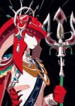  1girl black_background breasts colored_skin fins fish_girl hair_ornament hand_up highres holding holding_polearm holding_weapon jewelry long_hair mipha monster_girl multicolored_skin no_eyebrows pointy_ears polearm red_skin redhead senzo6700 simple_background smile solo spear the_legend_of_zelda the_legend_of_zelda:_breath_of_the_wild weapon zora 