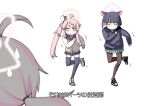  3girls animal_ears black_hair black_jacket black_thighhighs blue_archive bob_cut brown_pantyhose cat_ears colored_inner_hair commentary_request dancing halo highres hitotose_rin jacket jitome kazusa_(blue_archive) long_hair long_sleeves miniskirt multicolored_hair multiple_girls natsu_(blue_archive) no_mouth o_o pantyhose parody pink_hair reisa_(blue_archive) rrr_(movie) scene_reference school_uniform serafuku shoes short_hair side_ponytail simple_background skirt sneakers standing standing_on_one_leg subtitled sweatdrop thigh-highs translation_request two-tone_hair white_background zettai_ryouiki 