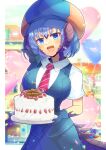  1girl :d au_ra balloon blue_eyes blue_gloves blue_hair blue_headwear blue_skirt blue_vest blurry blurry_background blush breasts cabbie_hat cake collared_shirt commentary_request commission depth_of_field diagonal-striped_necktie dragon_girl dragon_horns dragon_tail final_fantasy final_fantasy_xiv food fruit gloves hand_up happy_birthday hat head_tilt heart_balloon holding holding_plate horns kou_hiyoyo large_breasts necktie plate red_necktie scales shirt skeb_commission skirt smile solo strawberry tail v vest white_shirt 