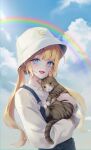  1girl absurdres animal animal_hands bbony_0_0 blonde_hair blue_eyes blue_overalls blue_sky blush cat cat_tail clouds commentary commission denim hat highres holding holding_animal holding_cat long_bangs long_hair long_sleeves looking_at_viewer low_twintails open_mouth original outdoors overalls rainbow shirt sky solo sunlight tail twintails white_headwear white_shirt 