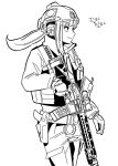  1girl ar-15 assault_rifle commentary_request from_side gloves greyscale gun helmet highres holding holding_gun holding_weapon jacket long_hair low_ponytail monochrome nyagurisushi original pants ponytail rifle sidelocks simple_background solo standing weapon weapon_request white_background 