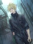  alley black_bodysuit blonde_hair blue_eyes bodysuit building city closed_mouth cloud_strife clouds cloudy_sky final_fantasy final_fantasy_vii highres holding light_frown outdoors power_lines sky spiky_hair stairs user_zttc5328 walking 