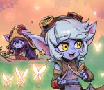  2girls :3 :d bare_shoulders blush brown_shirt colored_skin crop_top dress earrings fairy fingerless_gloves freckles gloves goggles goggles_on_headwear grey_hair grey_skin hammer holding holding_hammer jewelry league_of_legends lulu_(league_of_legends) medium_hair multiple_girls phantom_ix_row pointy_ears red_dress red_headwear shirt smile striped_sleeves teeth tristana upper_teeth_only yellow_eyes yordle 