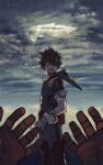  2boys arm_at_side bakugou_katsuki belt belt_pouch blurry blurry_background blurry_foreground blush bodysuit boku_no_hero_academia clouds cloudy_sky commentary facing_another facing_to_the_side facing_viewer feet_out_of_frame film_grain floating_clothes floating_hair freckles freestyle18 gloves green_bodysuit green_hair grey_sky hair_between_eyes hair_over_one_eye hands_up happy highres light light_rays male_focus midoriya_izuku multiple_boys open_mouth orange_gloves outdoors pouch pov pov_hands short_hair sky smile sunbeam sunlight teeth turning_head upper_teeth_only white_gloves wind 