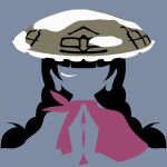  black_hair braid capelet closed_eyes highres limited_palette long_earlobes long_hair long_sleeves maskin_mei minimalism one_eye_closed own_hands_together pilgrim_hat praying red_capelet sleeves_past_wrists snow snow_on_headwear touhou twin_braids yatadera_narumi 