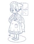  1girl :d animal_ears apron bob_cut fox_ears fox_girl fox_tail frilled_apron frills full_body greyscale holding holding_pen holding_tray japanese_clothes kimono kukuri_(mawaru) looking_at_viewer maid maid_apron maid_headdress mawaru_(mawaru) monochrome multiple_tails open_mouth original pen short_hair simple_background smile solo standing tail tray wa_maid waist_apron white_background 