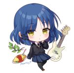  1girl artist_name bass_guitar black_pantyhose black_ribbon black_sweater blue_hair blue_skirt blush bocchi_the_rock! brown_footwear chibi closed_mouth collared_shirt commentary_request dark_blue_hair expressionless eyelashes fender_precision_bass food full_body guitar hair_ornament hairclip hand_up instrument leaf long_sleeves looking_at_viewer mole mole_under_eye moorina neck_ribbon omelet omurice pantyhose parted_bangs plate pleated_skirt ribbon school_uniform shimokitazawa_high_school_uniform shirt shoes short_hair sidelocks signature simple_background skirt solo spoon sweater twig white_background white_shirt wing_collar yamada_ryou yellow_eyes 