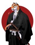  1boy animal_ears animal_hands black_kimono claws closed_mouth commentary furry furry_male highres japanese_clothes katana kimono llishifu long_sleeves male_focus mouth_hold original red_background solo stalk_in_mouth standing sword symbol-only_commentary tiger_boy tiger_ears upper_body weapon wide_sleeves 
