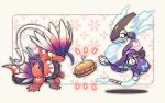  bread chibi claws closed_mouth colored_sclera commentary_request drooling food heart koraidon kotorai looking_down miraidon no_humans notice_lines orange_eyes pokemon pokemon_(creature) saliva sandwich skewer yellow_sclera 