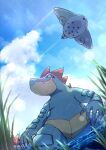  blue_skin blue_sky claws closed_mouth clouds colored_skin fangs fangs_out feraligatr flying grass highres kotobukkii_(yt_lvlv) open_mouth outdoors partially_submerged pokemon red_eyes shallow_water sideways_glance sky standing sunlight togekiss water yellow_skin 