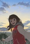  1girl :d ddini drawstring happy highres hood hood_down hoodie long_hair long_sleeves looking_at_viewer open_mouth original shade sky smile solo sunlight sunset 