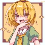  1girl blonde_hair commentary fang hair_between_eyes highres higurashi_no_naku_koro_ni houjou_satoko housuke_(flb66i2qnuqy63f) looking_at_viewer neckerchief open_mouth pixel_art red_eyes short_hair short_sleeves skin_fang upper_body yellow_background yellow_neckerchief 