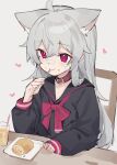  1girl absurdres animal_collar animal_ears bandaid bandaid_on_cheek bandaid_on_face black_sweater bow bowtie cake chair collar cup drink drinking_straw eating extra_ears fenrir_(fenriluuu) food food_on_face fork grey_background grey_hair happy heart highres holding holding_fork juice light_blush long_hair long_sleeves original plate red_bow red_bowtie red_collar red_eyes rir-chan simple_background sitting sketch smile solo sweater swiss_roll table upper_body utensil_in_mouth wolf_ears wolf_girl 