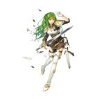  1girl arm_up armor belt boots breastplate breasts broken_armor damaged dress fire_emblem fire_emblem:_the_sacred_stones fire_emblem_heroes gloves green_eyes green_hair headband high_heel_boots high_heels holding holding_sword holding_weapon long_hair medium_breasts non-web_source official_art orange_headband pantyhose pencil_dress sheath sheathed solo swinging sword syrene_(fire_emblem) thigh_boots torn_clothes torn_pantyhose v-shaped_eyebrows weapon white_background white_footwear white_gloves 