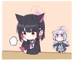  2girls absurdres ahoge animal_ears b.t._(boob_tong) black_coat black_hair black_jacket blue_archive blunt_bangs cat_ears cat_girl cellphone chibi coat colored_inner_hair commentary_request hair_between_eyes hair_ornament hairclip halo highres holding holding_phone hood hooded_jacket jacket kazusa_(blue_archive) long_hair looking_at_another low_twintails multicolored_hair multiple_girls open_clothes open_coat open_jacket phone pleated_skirt red_eyes reisa_(blue_archive) school_uniform serafuku short_hair sidelocks simple_background skirt smartphone spoken_expression star_(symbol) star_hair_ornament twintails two-tone_hair violet_eyes 