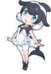  1girl black_hair blue_eyes cetacean_tail commerson&#039;s_dolphin_(kemono_friends) dolphin_girl fins fish_tail highres kemono_friends leggings looking_at_viewer multicolored_hair official_art open_mouth shoes simple_background socks solo tail two-tone_hair white_hair yoshizaki_mine 