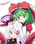  2girls black_gloves blue_archive blunt_bangs bow character_name demon_horns forehead front_ponytail gloves green_eyes green_hair hair_between_eyes hair_bow hair_ribbon hina_(blue_archive) horns kagiyama_hina long_hair multiple_girls parted_bangs ribbon side_ponytail sseopik touhou violet_eyes white_background white_hair 