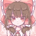  1girl bow brown_hair closed_mouth commentary flower hair_bow hair_tubes hakurei_reimu highres housuke_(flb66i2qnuqy63f) looking_at_viewer medium_hair pixel_art red_bow red_eyes sidelocks signature solo touhou upper_body 