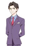  1boy andrew_hanbridge arms_behind_back blue_shirt brown_hair collared_shirt green_eyes hair_intakes jacket lapels little_witch_academia male_focus mitsuko_(4afe6300) necktie notched_lapels pants pocket_square purple_jacket purple_pants red_necktie shirt simple_background smile solo standing white_background 