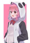  1girl :d absurdres ahoge animal_hood bitan_san border bow bowtie drawstring fang hair_ornament hairclip hands_in_pockets highres hood long_sleeves nijisanji open_mouth panda_hood pink_background pink_hair red_bow red_bowtie red_eyes sasaki_saku short_hair smile solo upper_body virtual_youtuber white_border 