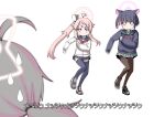  3girls animal_ears black_hair black_jacket black_thighhighs blue_archive bob_cut brown_pantyhose cat_ears colored_inner_hair commentary_request dancing halo highres hitotose_rin jacket jitome kazusa_(blue_archive) long_hair long_sleeves miniskirt motion_blur multicolored_hair multiple_girls natsu_(blue_archive) no_mouth o_o pantyhose parody pink_hair reisa_(blue_archive) rrr_(movie) scene_reference school_uniform serafuku shoes short_hair side_ponytail simple_background skirt sneakers standing standing_on_one_leg subtitled sweatdrop thigh-highs translation_request two-tone_hair white_background zettai_ryouiki 