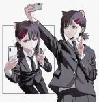  1girl animal_ears black_hair black_necktie black_suit blush bright_pupils chainsaw_man extra_ears formal hair_ornament hairclip higashiyama_kobeni highres holding holding_phone looking_at_phone mole mole_under_eye mole_under_mouth multiple_moles multiple_views necktie phone selfie shiren_(ourboy83) short_ponytail simple_background suit taking_picture v white_background 