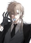  1boy absurdres black_gloves black_jacket black_necktie candy collared_shirt ear_piercing food formal gloves grey_eyes highres holding holding_candy holding_food holding_lollipop jacket kanae_(nijisanji) light_brown_hair lollipop long_sleeves looking_at_viewer low_ponytail male_focus mole mole_under_eye necktie nijisanji ok_sign parted_lips piercing shirt solo suit teeth virtual_youtuber white_background white_shirt yuhan0518 