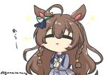  1girl absurdres ahoge animal_ears blush_stickers braid brown_hair chibi closed_eyes crown_braid goma_(gomasamune) hair_ornament highres horse_ears horse_tail long_hair mejiro_bright_(umamusume) open_mouth own_hands_clasped own_hands_together school_uniform side_braids simple_background solo tail tracen_school_uniform translated twitter_username umamusume white_background 
