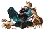  2boys animal_ears animal_feet arm_wrap atie1225 baggy_pants barefoot body_fur brown_eyes brown_hair chinese_clothes chinese_zodiac claws clinging closed_eyes closed_mouth colored_sclera colored_skin commentary food fruit full_body highres hug knee_up looking_to_the_side male_focus monster_boy multicolored_hair multiple_boys open_clothes orange_fur orange_hair orange_skin original pants plant simple_background sitting size_difference sleeveless smile solo streaked_hair symbol-only_commentary tail thick_eyebrows tiger_boy tiger_ears tiger_tail white_background yellow_sclera 