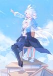  2girls a.r.o.n.a_(blue_archive) arona_(blue_archive) behind_another black_choker black_coat black_hairband black_pantyhose black_serafuku black_skirt blue_archive blue_eyes blue_hair blue_serafuku blue_sky braid chair choker clouds cloudy_sky coat colored_inner_hair day desk dual_persona floating_hair grey_eyes hair_over_one_eye hair_ribbon hairband halo highres holding_hands light_blue_hair loafers long_hair long_skirt long_sleeves looking_up multicolored_hair multiple_girls nuudoru on_chair open_mouth outdoors pantyhose parted_lips pile pink_hair pleated_skirt pointing pointing_up puffy_long_sleeves puffy_sleeves ribbon school_chair school_desk school_uniform serafuku shoes short_hair side_braid sitting skirt sky smile sneakers standing white_ribbon white_skirt wind 
