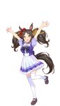  +_+ 1girl :d animal_ears arms_up black_hair bow bowtie brown_footwear fang frilled_skirt frills full_body hair_ornament hair_scrunchie highres horse_ears horse_girl horse_tail horseshoe_ornament leg_up looking_at_viewer marvelous_sunday_(umamusume) miniskirt official_art orange_eyes pleated_skirt puffy_short_sleeves puffy_sleeves purple_bow purple_bowtie purple_serafuku purple_shirt red_scrunchie sailor_collar sailor_shirt school_uniform scrunchie serafuku shirt short_sleeves skin_fang skirt smile solo standing summer_uniform tachi-e tail thigh-highs tracen_school_uniform transparent_background twintails umamusume white_bow white_skirt white_thighhighs zettai_ryouiki 