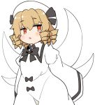  1girl blonde_hair blush dress drill_hair fairy fairy_wings hair_between_eyes hat ini_(inunabe00) luna_child parted_lips red_eyes short_hair simple_background sleeves_past_fingers sleeves_past_wrists solo touhou white_background white_dress white_headwear wide_sleeves wings 