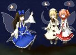  3girls absurdres ascot black_hair black_ribbon blonde_hair blue_background blue_dress blue_ribbon closed_eyes crescent csendes dress drill_hair fairy fairy_wings highres long_hair looking_at_another luna_child multiple_girls own_hands_together pink_eyes red_dress red_ribbon redhead ribbon star_(symbol) star_sapphire sun sunny_milk tiara touhou two_side_up violet_eyes white_dress white_headwear wings yellow_ascot 