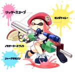 1girl :q beret black_footwear black_shorts blue_sailor_collar blush fukumi_chisato hat ink inkling inkling_(language) inkling_girl long_hair pink_hair pointy_ears red_eyes sailor_collar shirt shorts simple_background solo splatoon_(series) tentacle_hair tongue tongue_out weapon_request white_background white_shirt 